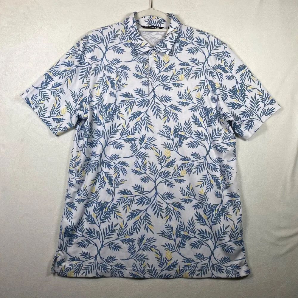 TravisMathew Men’s Polo Shirt Size L White Blue Leaf Print Golf Casual